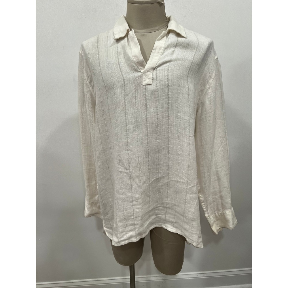 Bruno Mens XL White 100% Linen Long Sleeve Pullover V-Neck Beach Resort Shirt